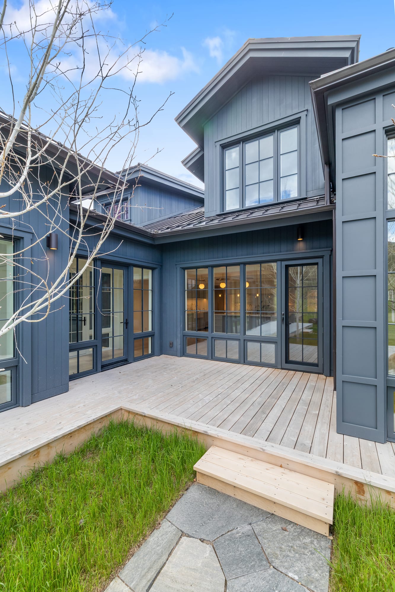 Rear courtyard with cedar deck and steel window walls in charcoal siding.